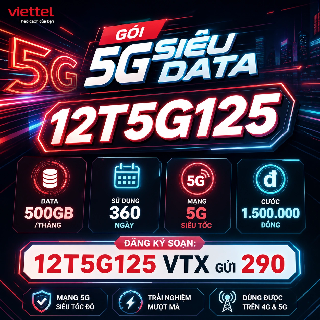 12T5G125 – Gói Cước Viettel 500GB/Tháng Trọn Gói 1 Năm Giá 1.500.000đ