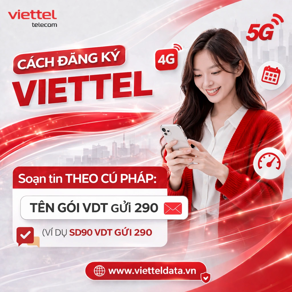Cách đăng ký 4G Viettel soạn tin nhắn: TÊN Gói VDT gửi 290 (ví dụ SD90 VDT gửi 290)